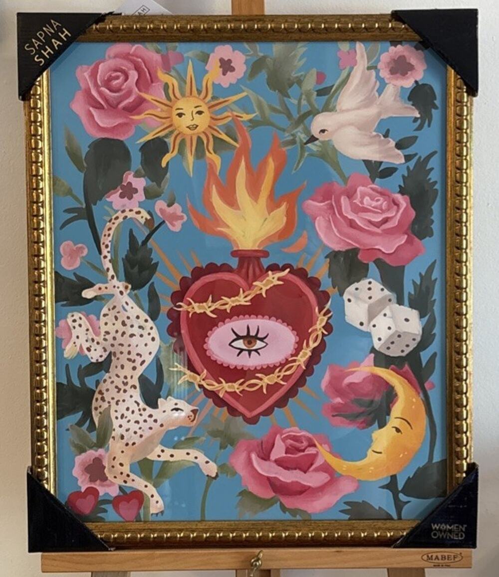 New Sapna Shah Flaming Sacred Heart Ex Voto Framed Art 24x20 Iconography Tattoo